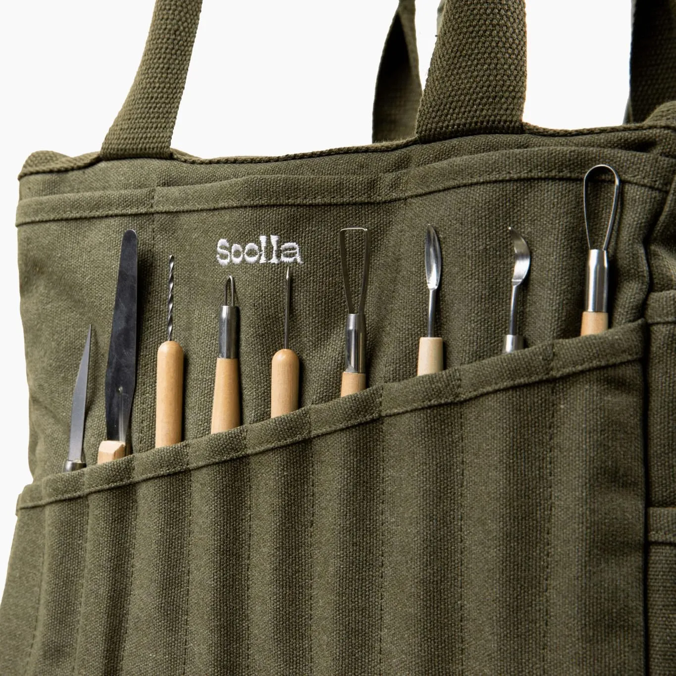 Soolla Studio Bag: Washable Art Supply & Pottery Clay Tool Bag, 30 Pockets, 15 Colors, Artist Gift Organizer (Forest Green)