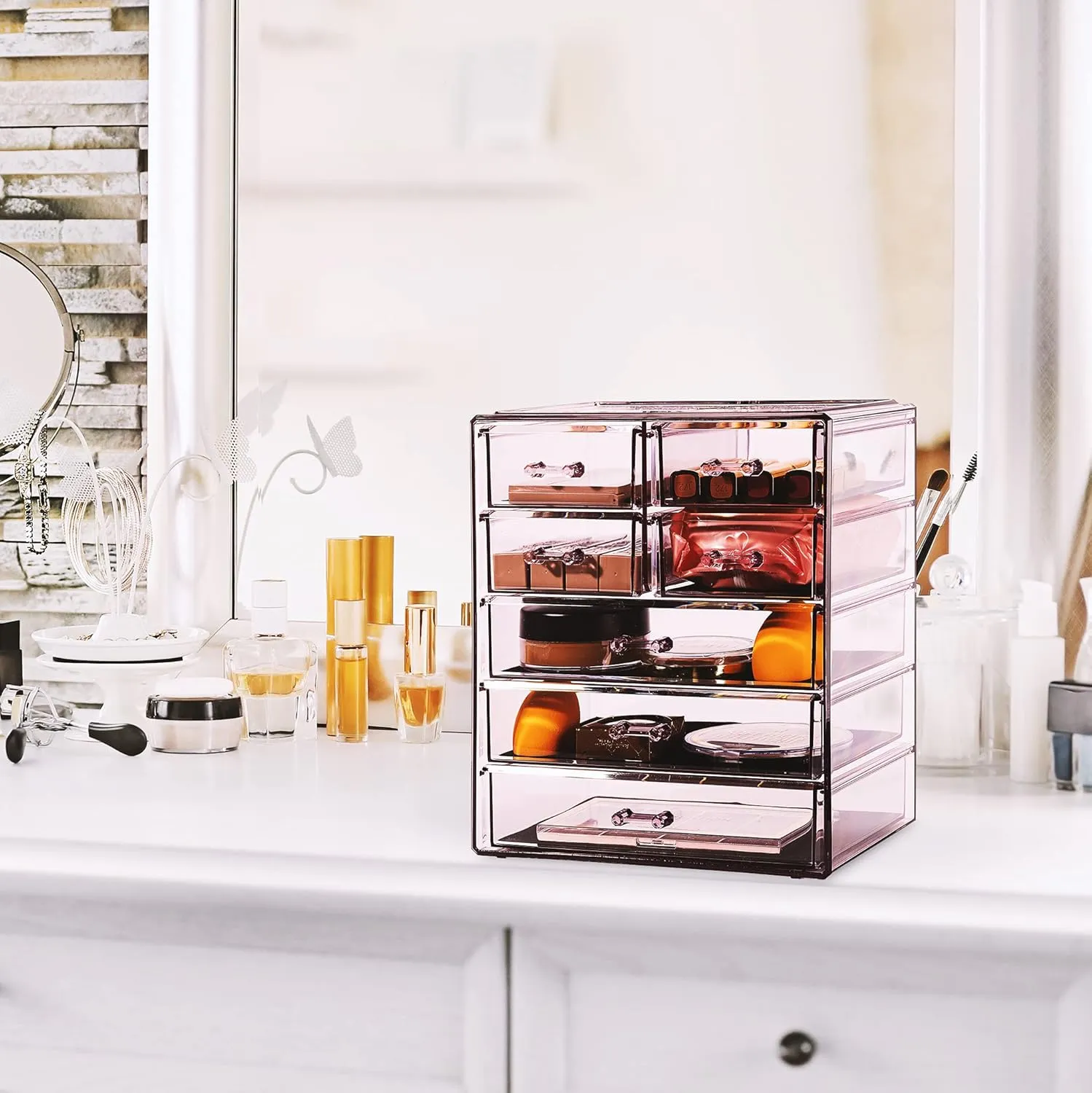 Sorbus Acrylic Makeup Organizer - Organization and Storage Case for Cosmetics Make Up & Jewelry - Big Clear Makeup Organizer for Vanity, Bathroom, College Dorm, Closet, Desk (3 Large, 4 Small Drawers)