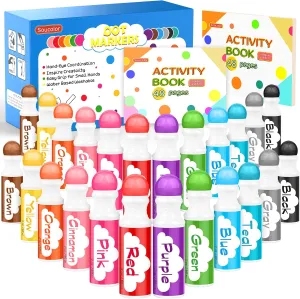 Soucolor Preschool Learning Toys for Toddlers, 24-Pack 12-Color Dot Markers for Toddlers Kids, with 96-Pages Tearable Activity Book Bingo Daubers Washable Art Markers, Toddler Arts and Crafts