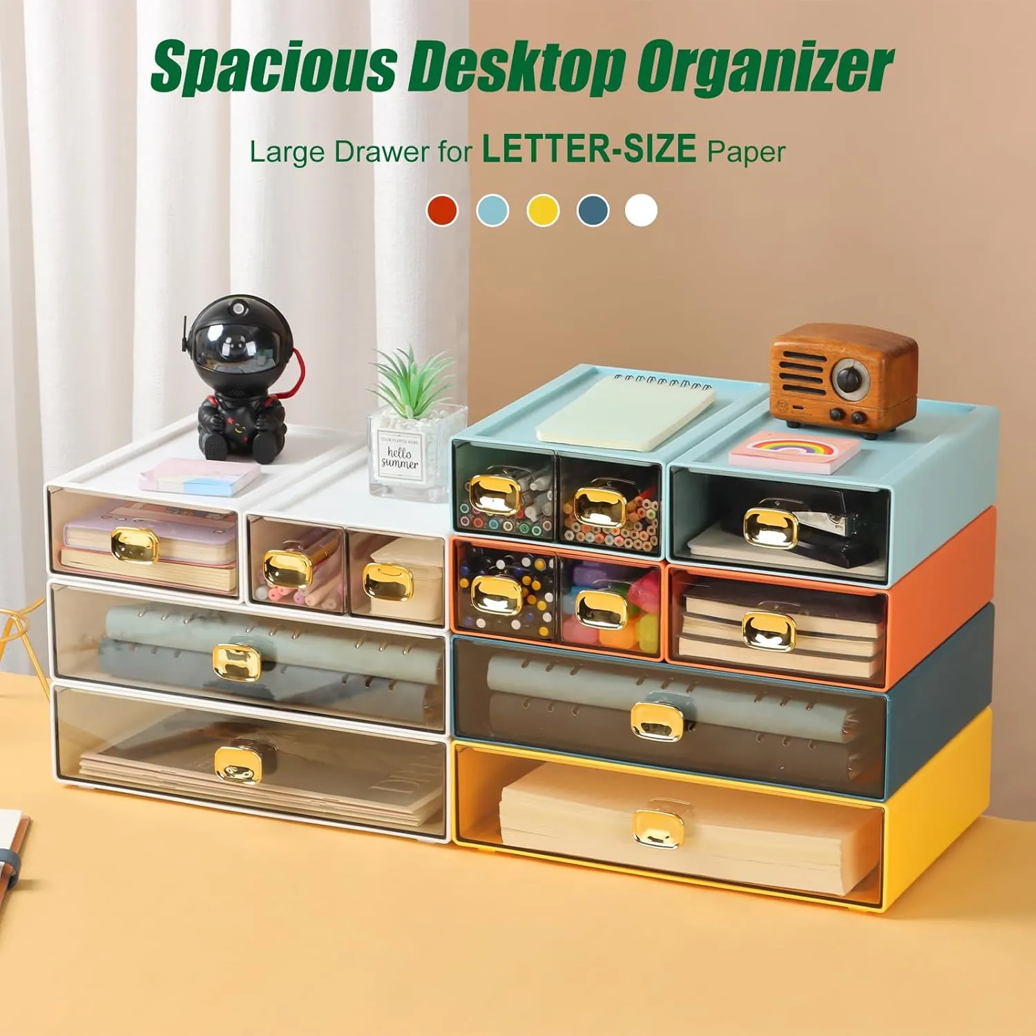 Spacious Desktop Storage Box, 1 Large Storage Drawer, Stackable Office Desk Drawer Organizer and Accessories, Printer Paper Organizer, Orange Plastic Drawers for Workspace & Home