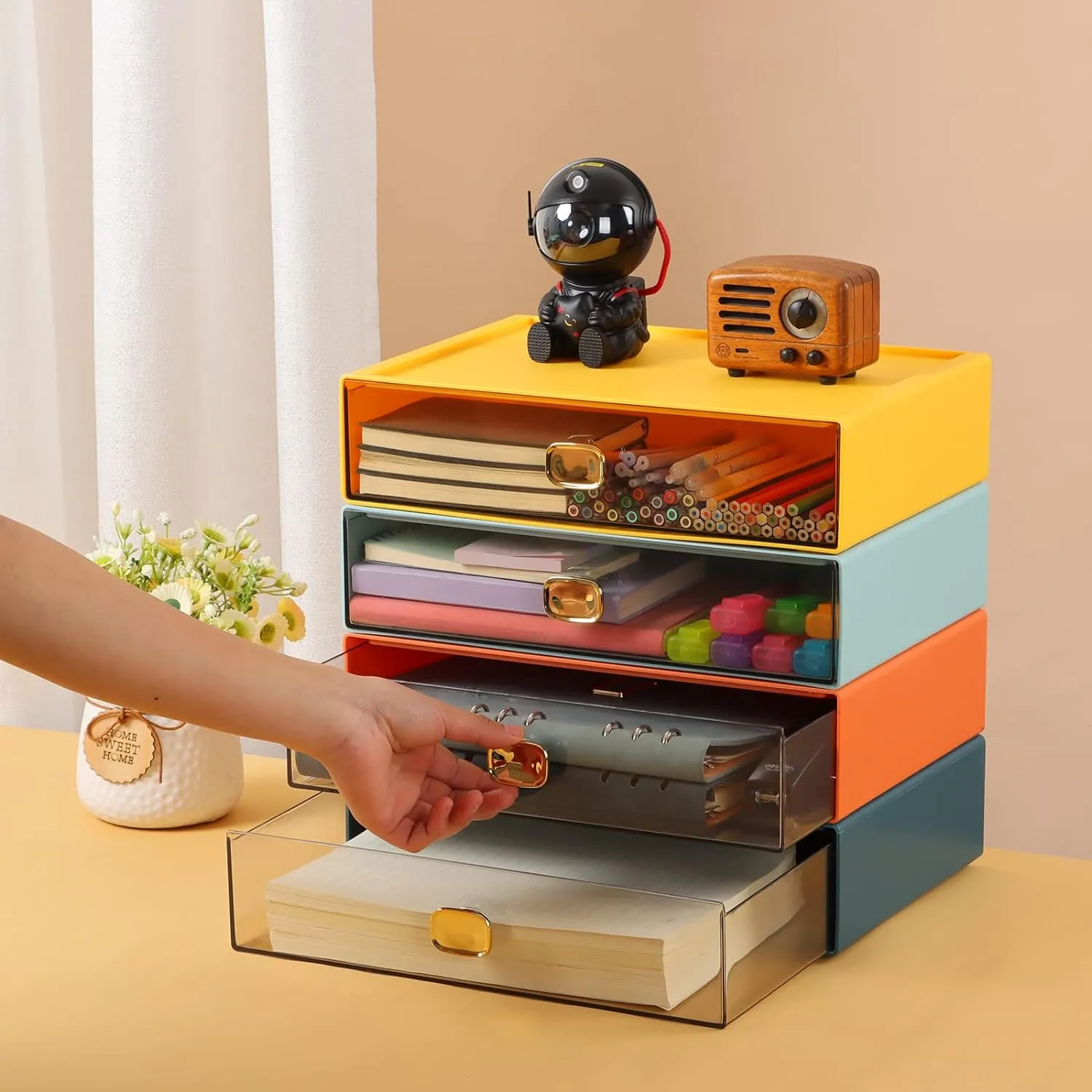 Spacious Desktop Storage Box, 1 Large Storage Drawer, Stackable Office Desk Drawer Organizer and Accessories, Printer Paper Organizer, Orange Plastic Drawers for Workspace & Home