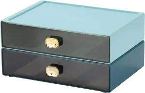 Spacious Desktop Storage Box, 2 Large Storage Drawers, Stackable Office Desk Drawer Organizer and Accessories, Printer Paper Organizer, Blue & Cyan Plastic Drawers for Workspace & Home