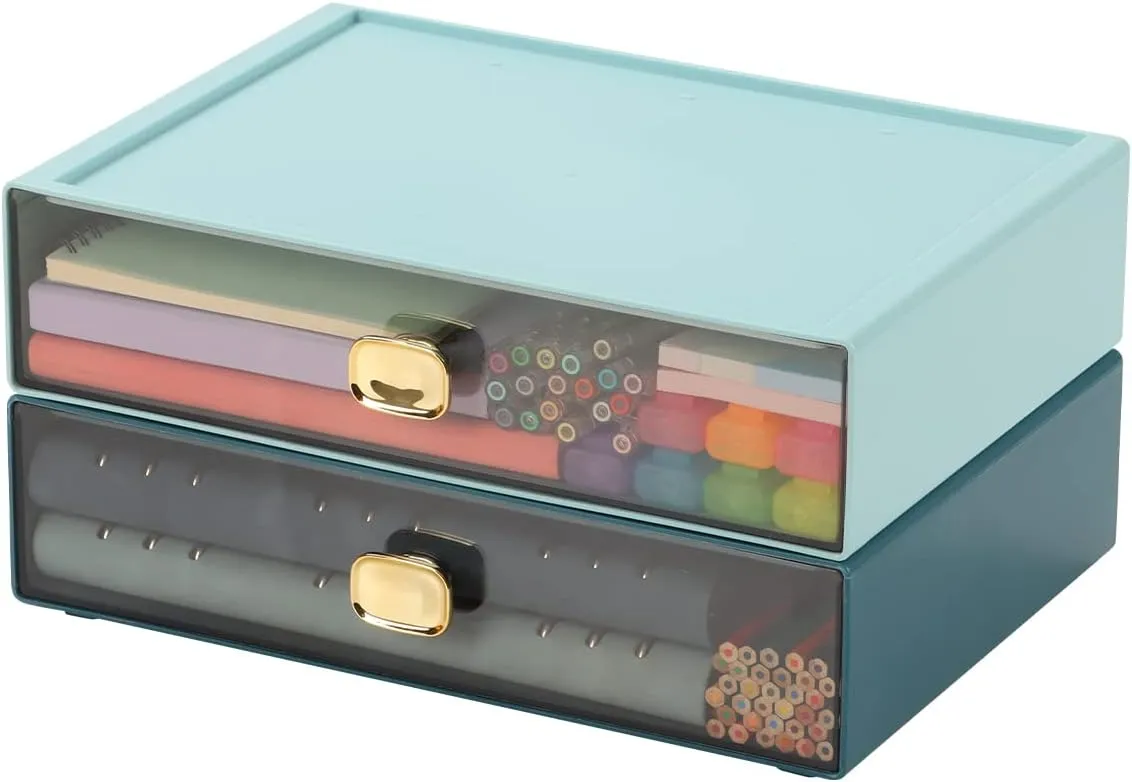 Spacious Desktop Storage Box, 2 Large Storage Drawers, Stackable Office Desk Drawer Organizer and Accessories, Printer Paper Organizer, Blue & Cyan Plastic Drawers for Workspace & Home