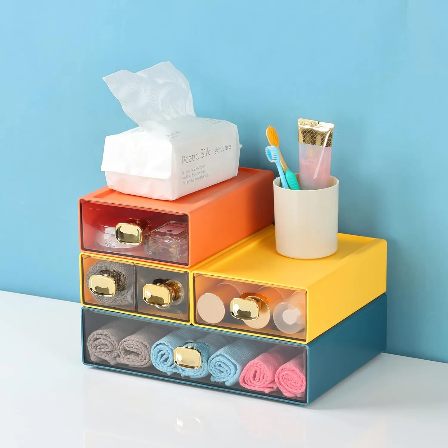 Spacious Desktop Storage Box, 2 Large Storage Drawers, Stackable Office Desk Drawer Organizer and Accessories, Printer Paper Organizer, Blue & Cyan Plastic Drawers for Workspace & Home