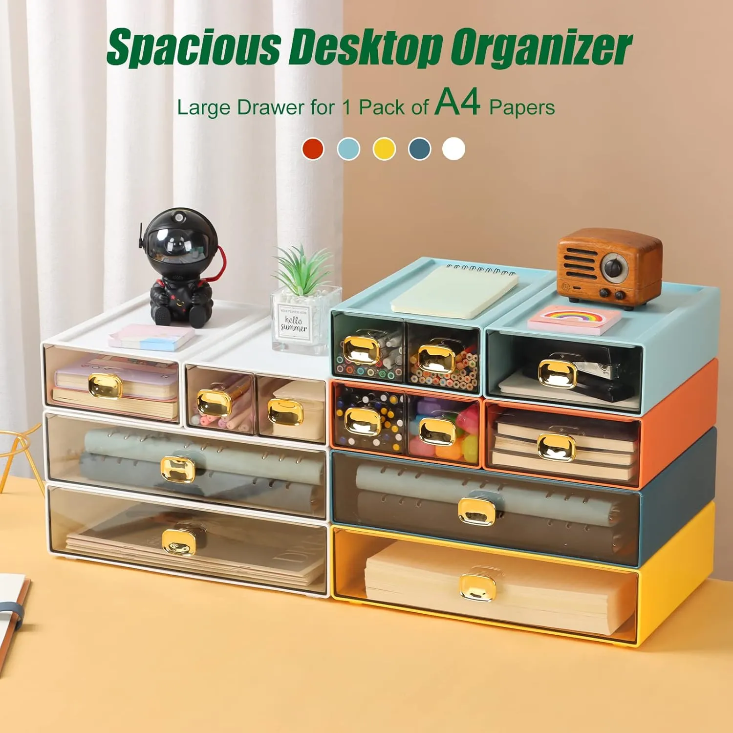 Spacious Desktop Storage Box, 2 Large Storage Drawers, Stackable Office Desk Drawer Organizer and Accessories, Printer Paper Organizer, Blue & Cyan Plastic Drawers for Workspace & Home