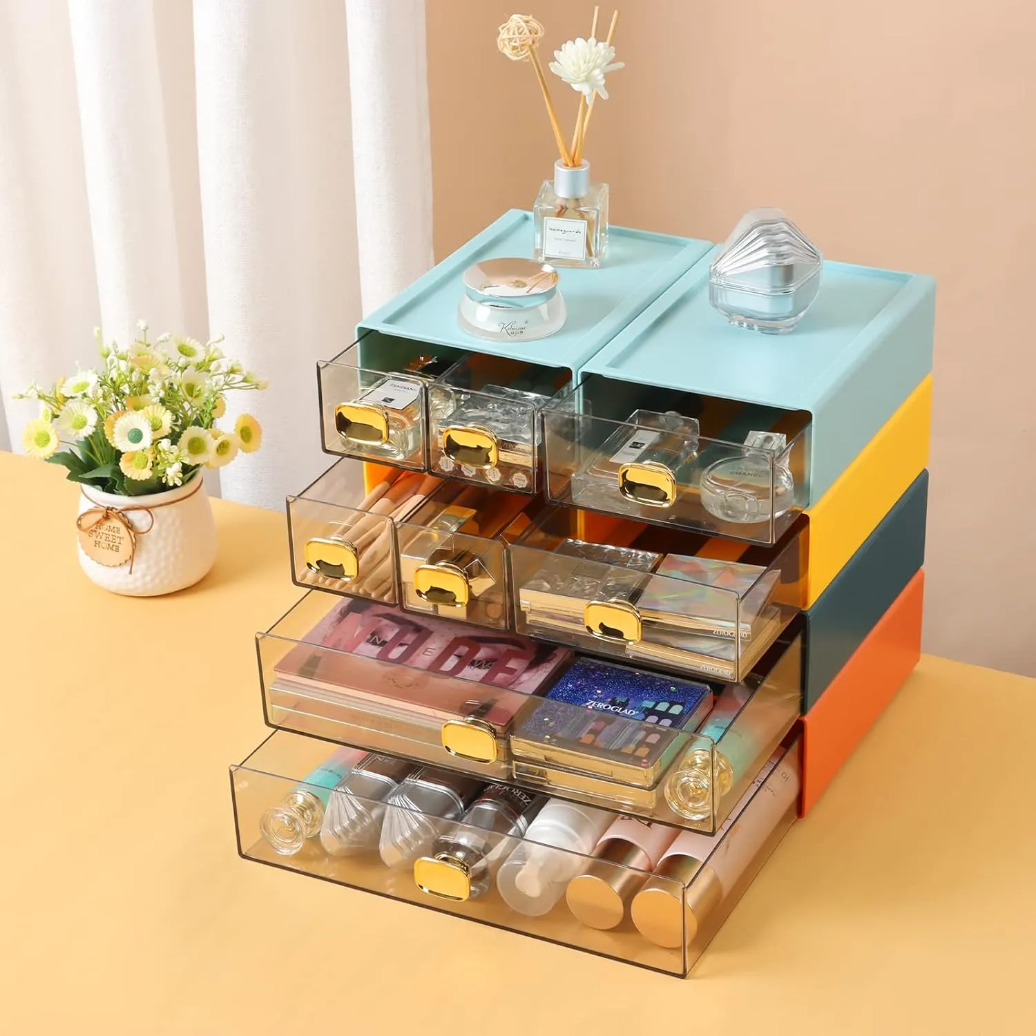 Spacious Desktop Storage Box, 2 Large Storage Drawers, Stackable Office Desk Drawer Organizer and Accessories, Printer Paper Organizer, Blue & Cyan Plastic Drawers for Workspace & Home