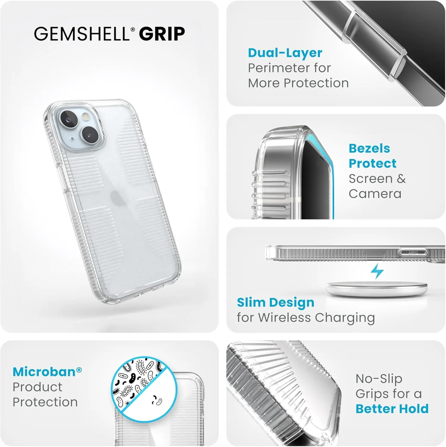 Speck Clear iPhone 15 Case - Slim, Drop Protection, Grip - for iPhone 15, iPhone 14 & iPhone 13 - Scratch Resistant, Anti-Yellowing, 6.1 Inch Phone Case - GemShell Grip Clear