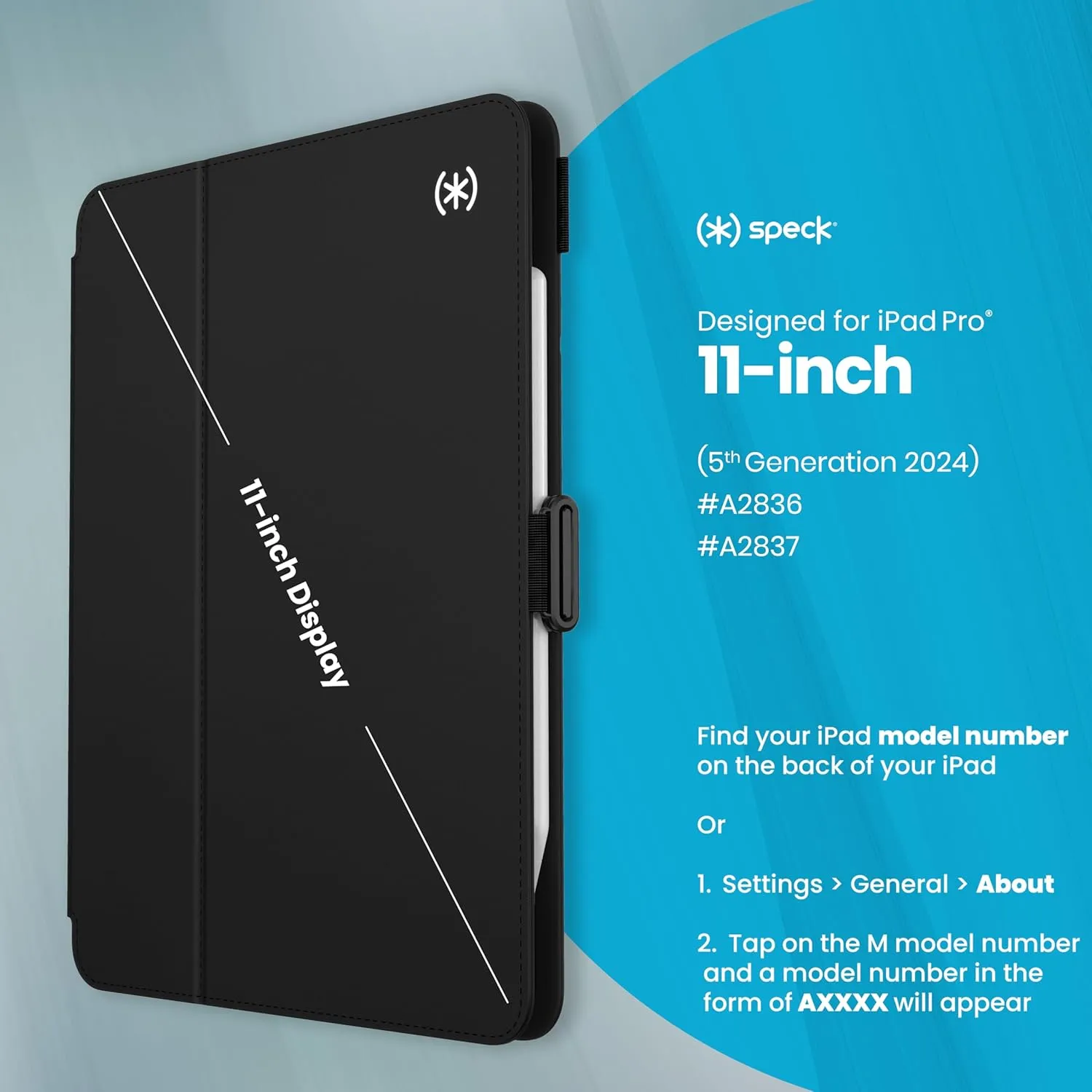 Speck New iPad Pro 11 Inch Case (2024 Model, 5th Gen) - with Pencil Holder, Drop & Camera Protection, Slim Multi Range Stand, Balance Folio, No Auto/Sleep Wake Function - Black/Black/White