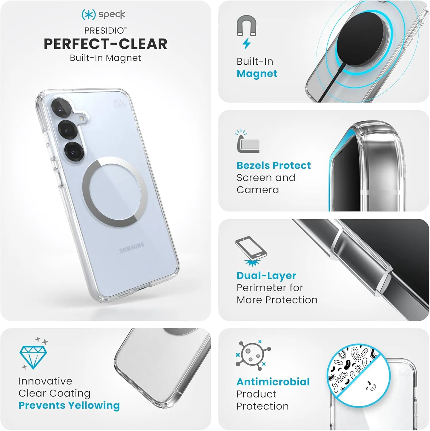 Speck Samsung Galaxy S25 Plus Case - Magnet Case,13-Foot Drop Protection,Anti-Yellowing -Samsung S25 Plus Case Magsafe-Raised Bezel & Enhanced Buttons - Presidio Perfect-Clear -Clear/Chrome(Pack of 1)