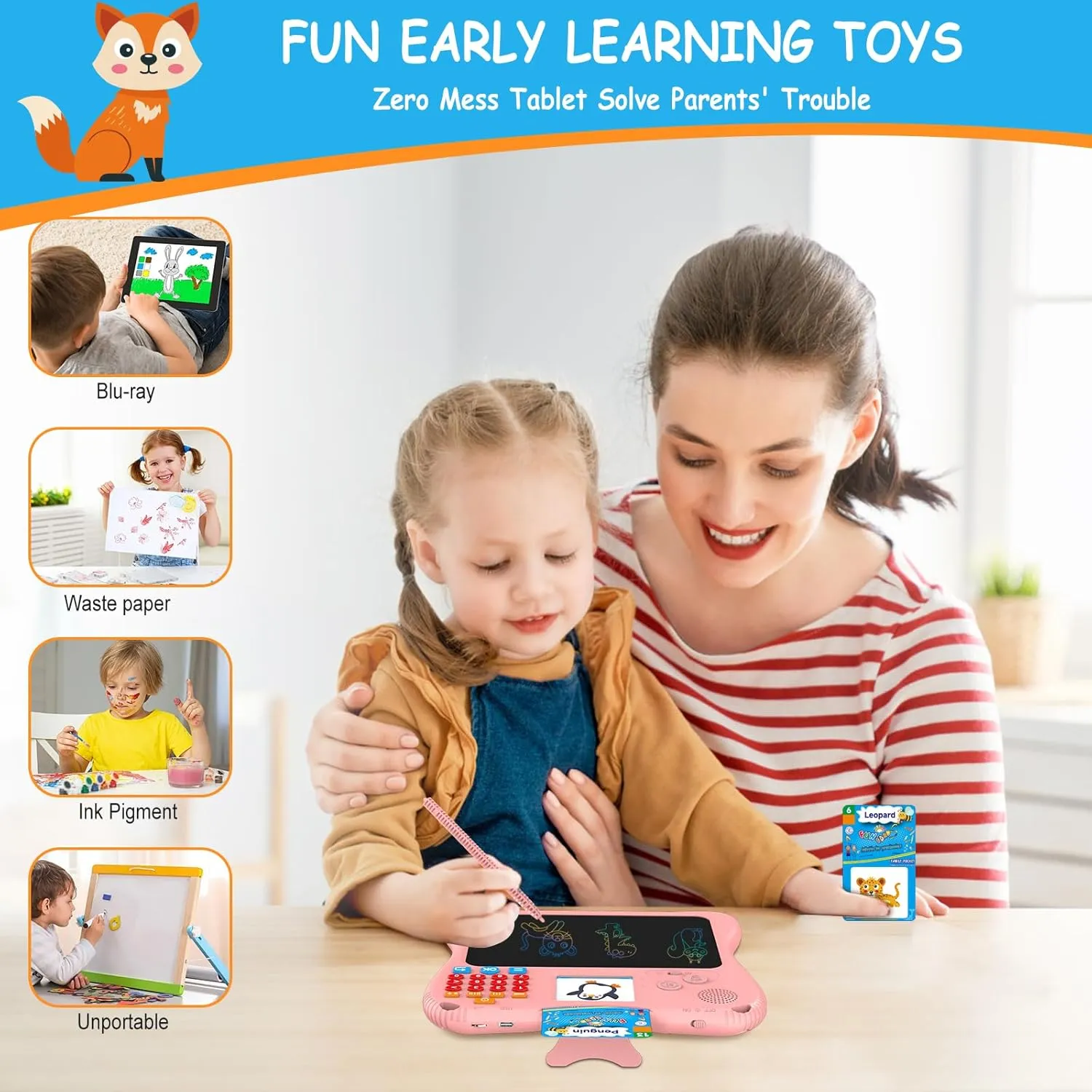 SPG300 All-in-One Kids Learning Tablet & Drawing Board, 130 Educational Cards 7.5-inch Screen Math Games Memory Training & Creative Writing Pad, Gift for Boys & Girls Ages 2 3 4 5 6 7 8 Years