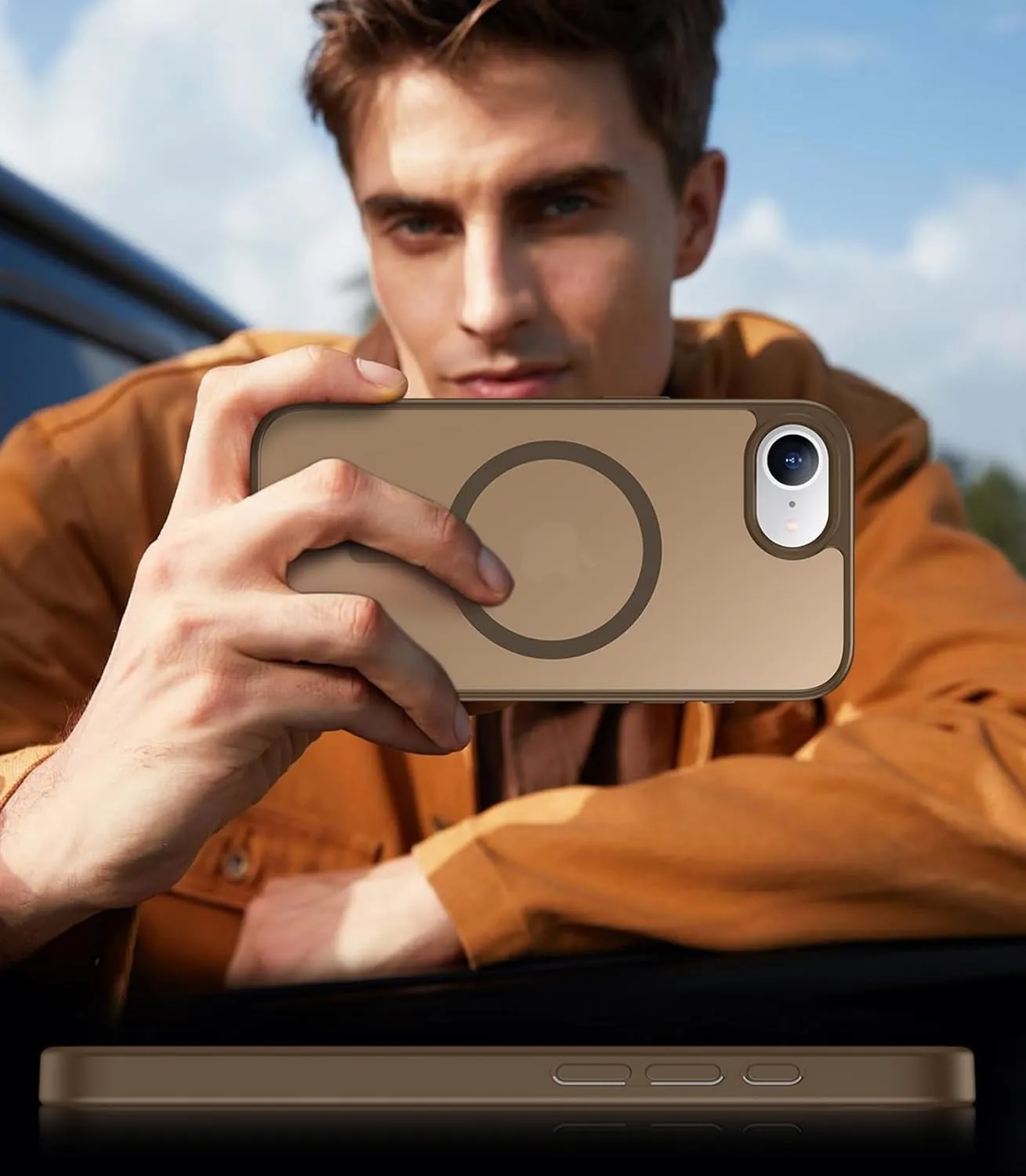 SPIDERCASE Designed for iPhone 16e Case, Magnetic Translucent with 2PCS Tempered Glass Screen Protector Anti-Fingerprint Anti-Scratch, Brown