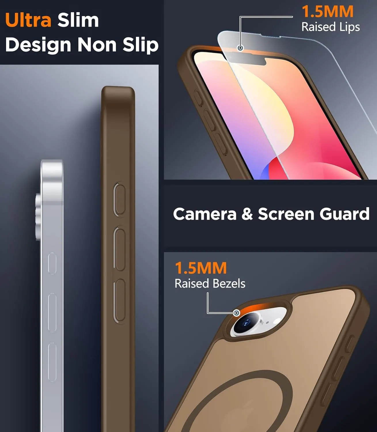 SPIDERCASE Designed for iPhone 16e Case, Magnetic Translucent with 2PCS Tempered Glass Screen Protector Anti-Fingerprint Anti-Scratch, Brown