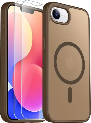 SPIDERCASE Designed for iPhone 16e Case, Magnetic Translucent with 2PCS Tempered Glass Screen Protector Anti-Fingerprint Anti-Scratch, Brown