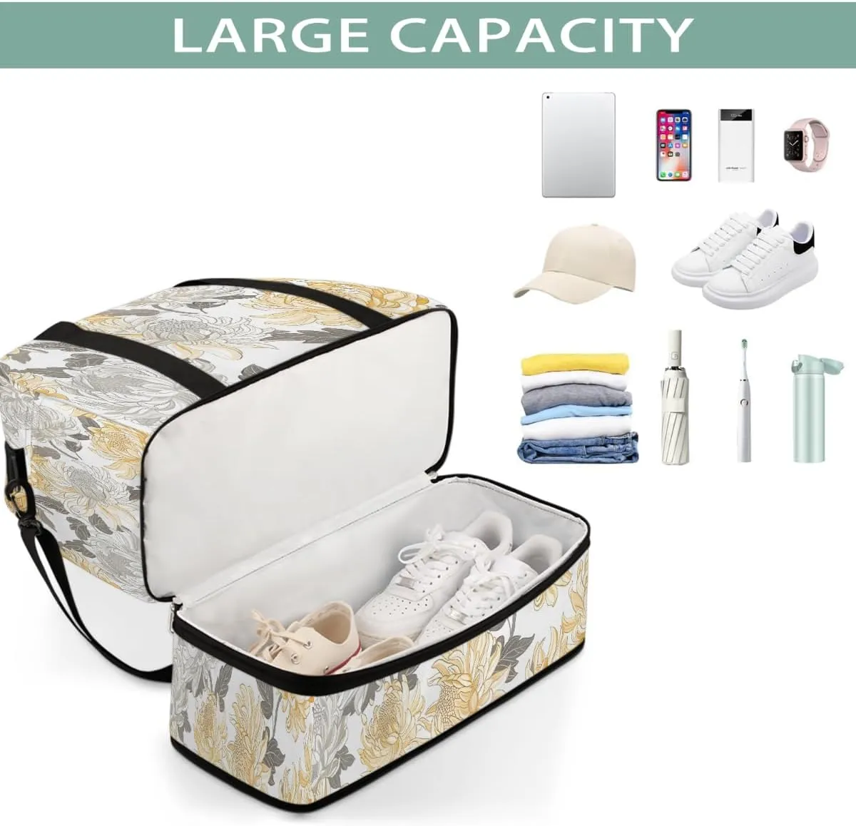 Sports Gym Bag Retro Plant Chrysanthemum Large Travel Duffel Bag With Shoe Compartment Foldable Waterproof Carry-On Weekend Travel Bags for Camping Overnight Yoga Hospital Travel Bags