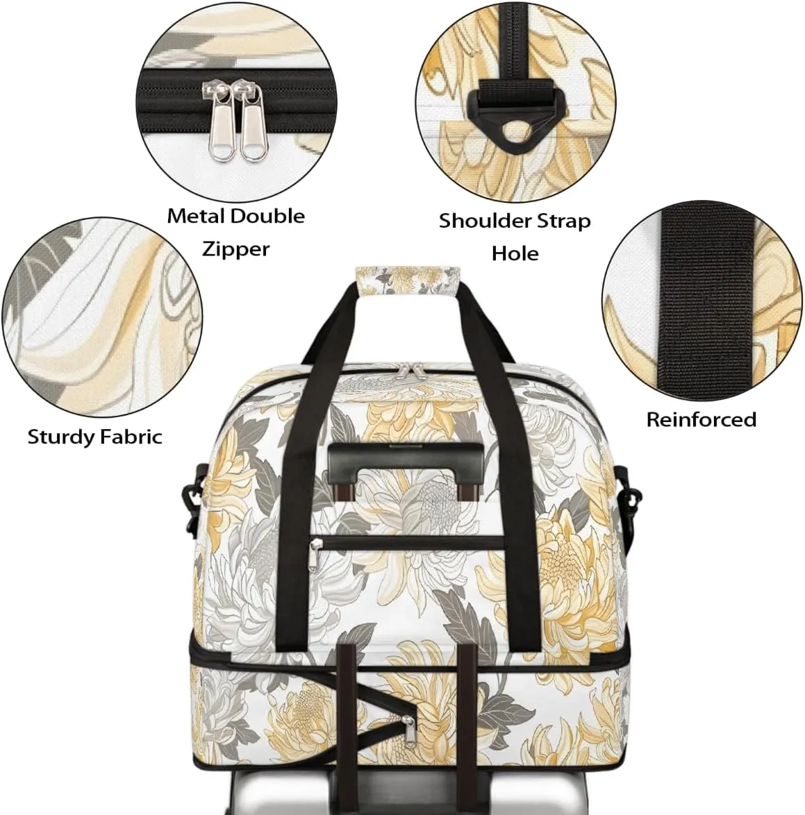 Sports Gym Bag Retro Plant Chrysanthemum Large Travel Duffel Bag With Shoe Compartment Foldable Waterproof Carry-On Weekend Travel Bags for Camping Overnight Yoga Hospital Travel Bags