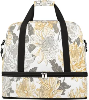 Sports Gym Bag Retro Plant Chrysanthemum Large Travel Duffel Bag With Shoe Compartment Foldable Waterproof Carry-On Weekend Travel Bags for Camping Overnight Yoga Hospital Travel Bags