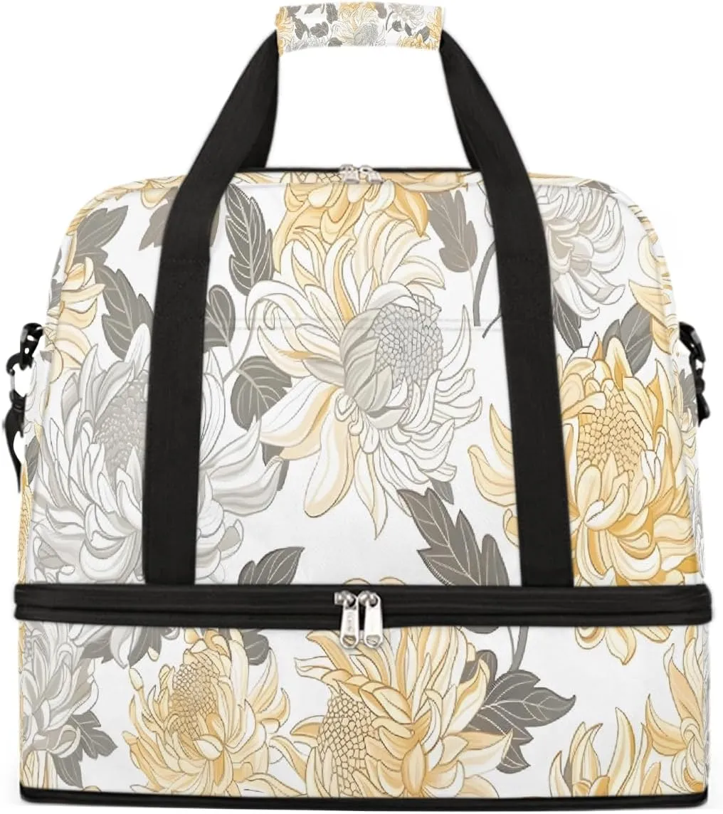 Sports Gym Bag Retro Plant Chrysanthemum Large Travel Duffel Bag With Shoe Compartment Foldable Waterproof Carry-On Weekend Travel Bags for Camping Overnight Yoga Hospital Travel Bags