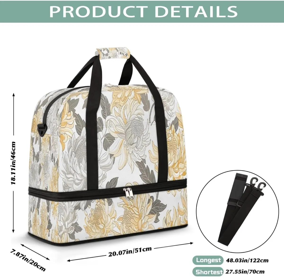 Sports Gym Bag Retro Plant Chrysanthemum Large Travel Duffel Bag With Shoe Compartment Foldable Waterproof Carry-On Weekend Travel Bags for Camping Overnight Yoga Hospital Travel Bags