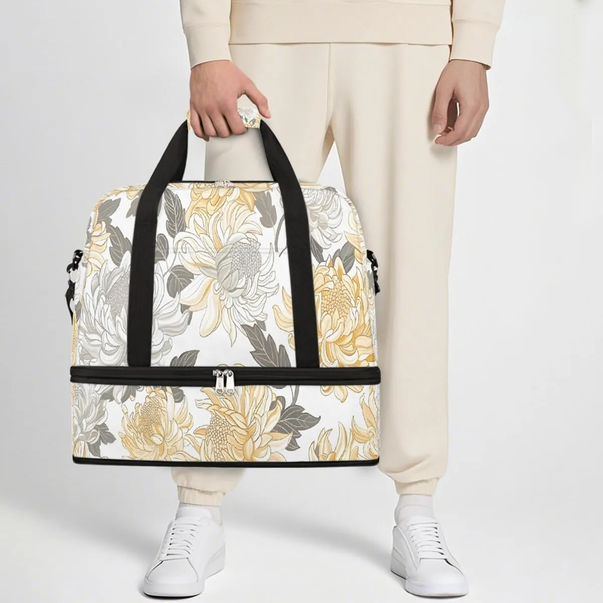 Sports Gym Bag Retro Plant Chrysanthemum Large Travel Duffel Bag With Shoe Compartment Foldable Waterproof Carry-On Weekend Travel Bags for Camping Overnight Yoga Hospital Travel Bags