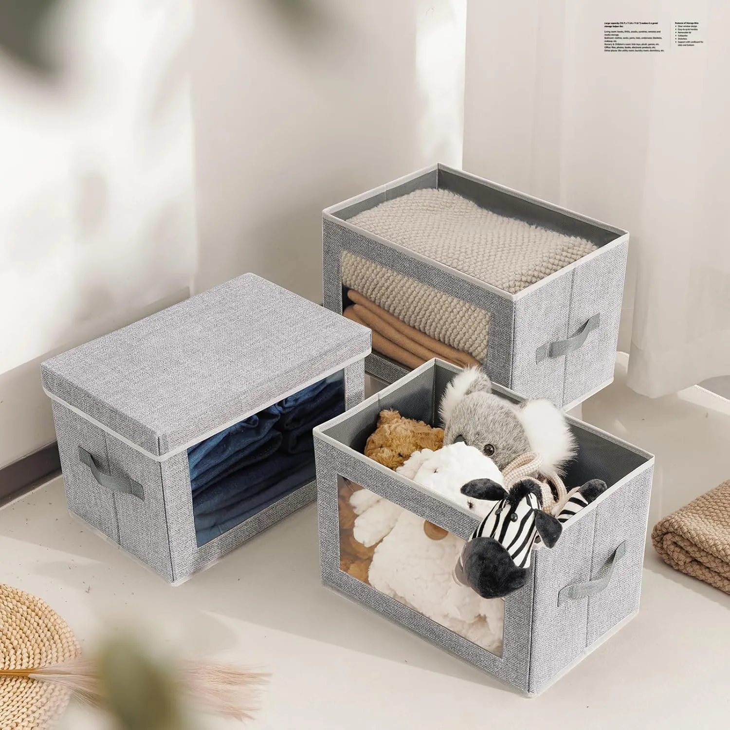 Stackable Storage Bins with Lids - Medium Storage Box with Lids, Foldable Storage Bins, Wardrobe Clothes Organizer with Window, Cubes Storage Bins for Living Room, 6 Pack, Light Grey