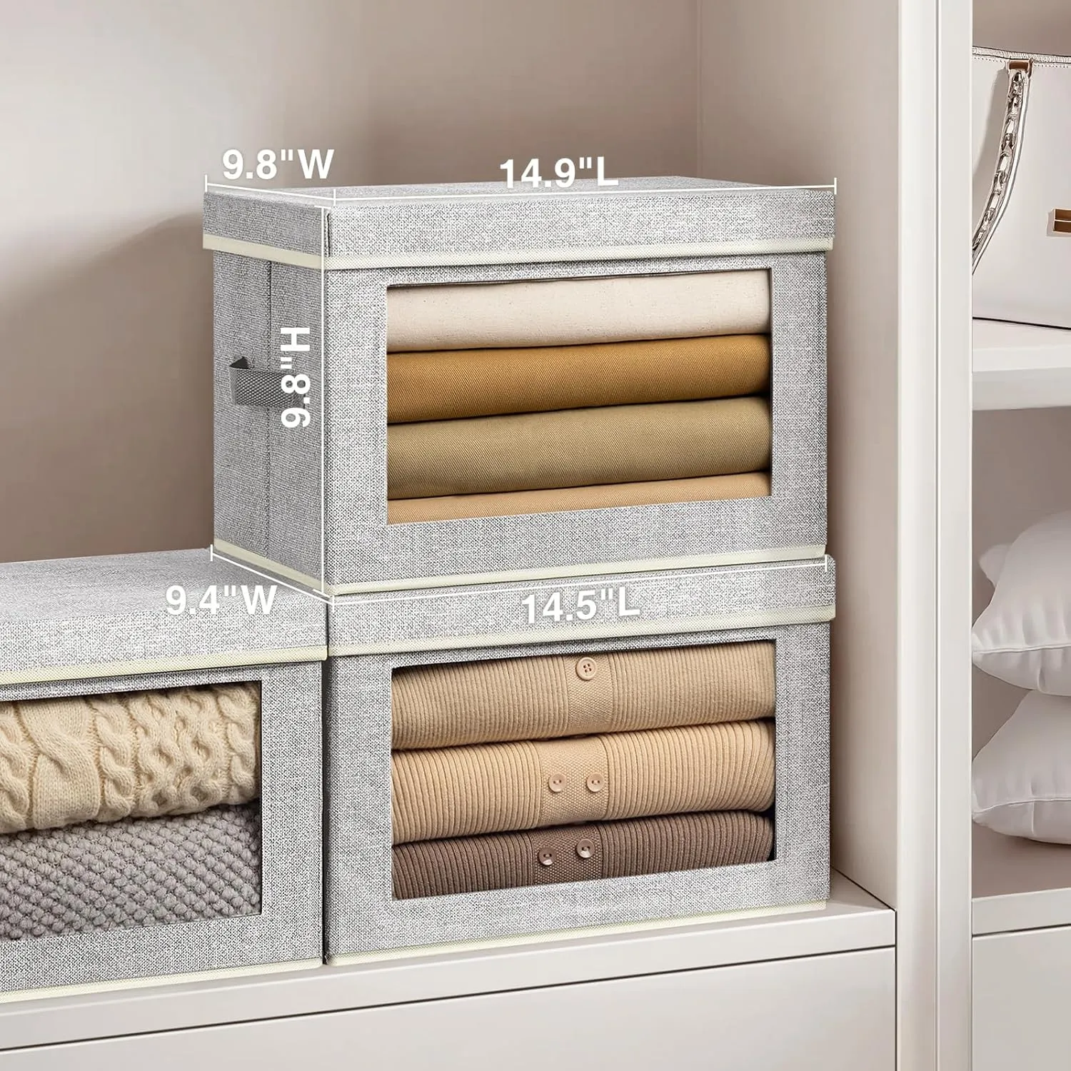 Stackable Storage Bins with Lids - Medium Storage Box with Lids, Foldable Storage Bins, Wardrobe Clothes Organizer with Window, Cubes Storage Bins for Living Room, 6 Pack, Light Grey