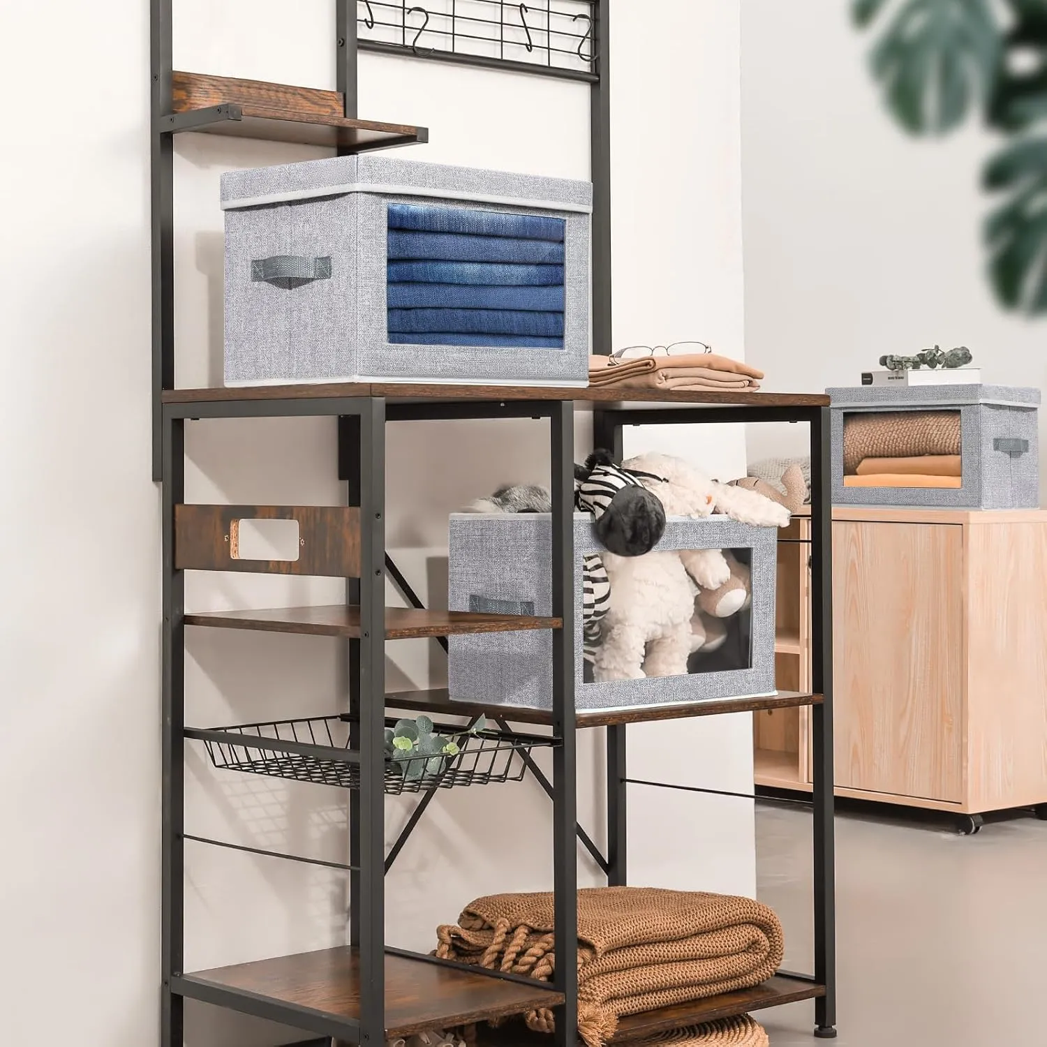 Stackable Storage Bins with Lids - Medium Storage Box with Lids, Foldable Storage Bins, Wardrobe Clothes Organizer with Window, Cubes Storage Bins for Living Room, 6 Pack, Light Grey
