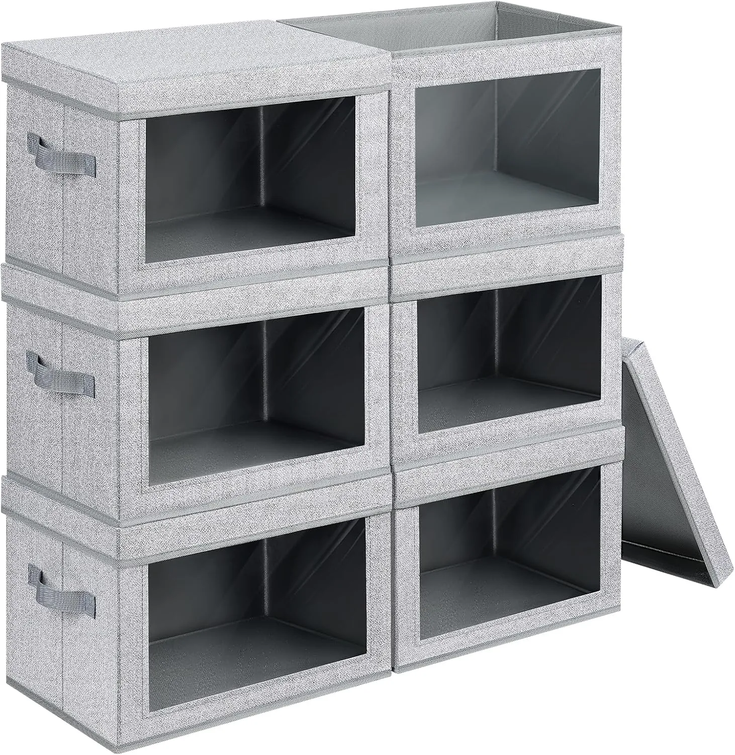 Stackable Storage Bins with Lids - Medium Storage Box with Lids, Foldable Storage Bins, Wardrobe Clothes Organizer with Window, Cubes Storage Bins for Living Room, 6 Pack, Light Grey