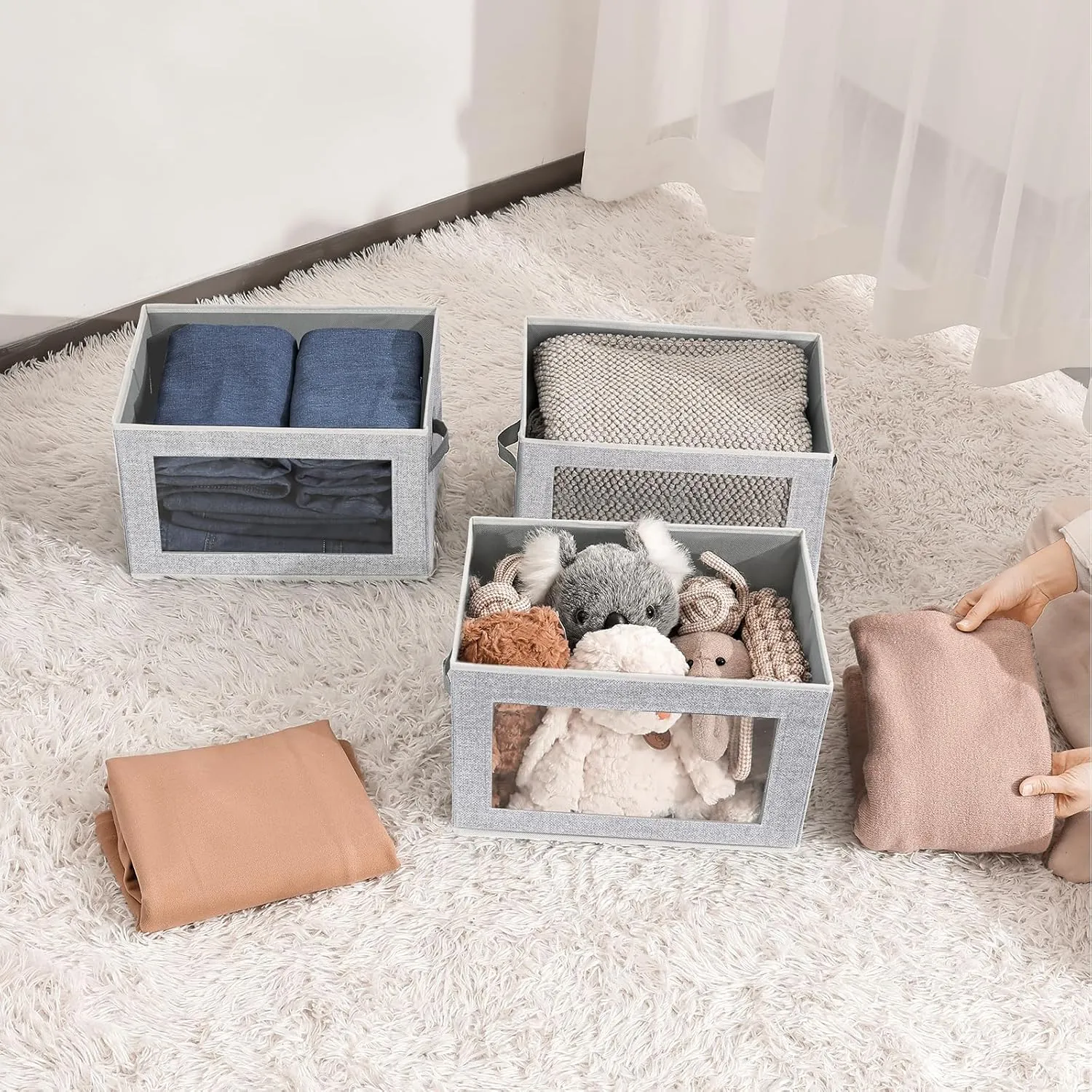 Stackable Storage Bins with Lids - Medium Storage Box with Lids, Foldable Storage Bins, Wardrobe Clothes Organizer with Window, Cubes Storage Bins for Living Room, 6 Pack, Light Grey