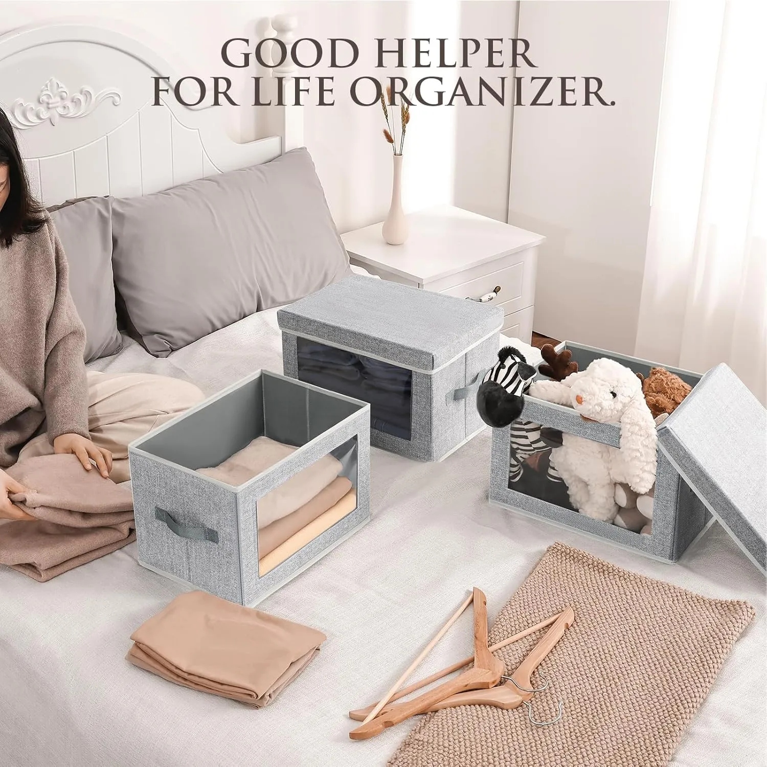 Stackable Storage Bins with Lids - Medium Storage Box with Lids, Foldable Storage Bins, Wardrobe Clothes Organizer with Window, Cubes Storage Bins for Living Room, 6 Pack, Light Grey