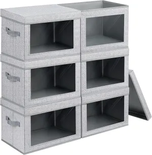 Stackable Storage Bins with Lids - Medium Storage Box with Lids, Foldable Storage Bins, Wardrobe Clothes Organizer with Window, Cubes Storage Bins for Living Room, 6 Pack, Light Grey