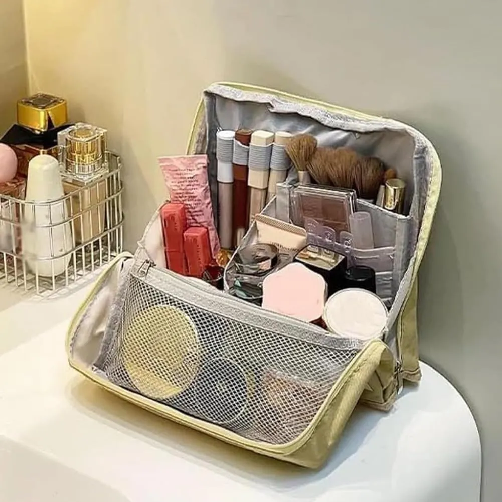 Standing Cosmetic Bag: Large Capacity Oxford Cloth Functional Makeup Case with Room for Brushes & Mirror, Portable Beauty Supplies Storage for Home & Vacation, Multi-purpose Design (Red)
