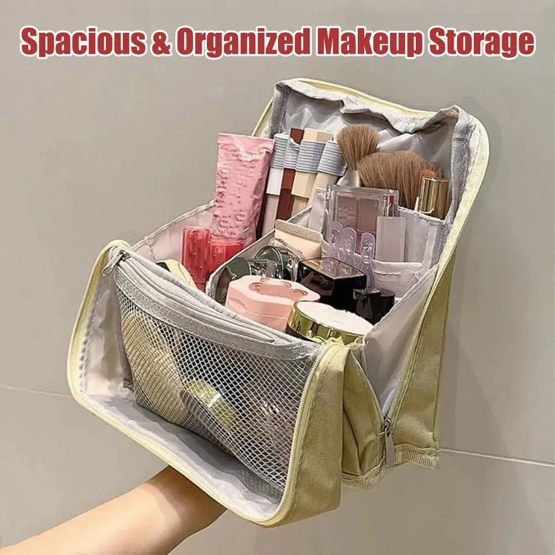 Standing Makeup Bag – Portable, Large Capacity, Doresty Makeup Bag, Waterproof Makeup Organizer with Compartments, Makeup Bag Organizer with Compartments, Travel-Friendly (Red)