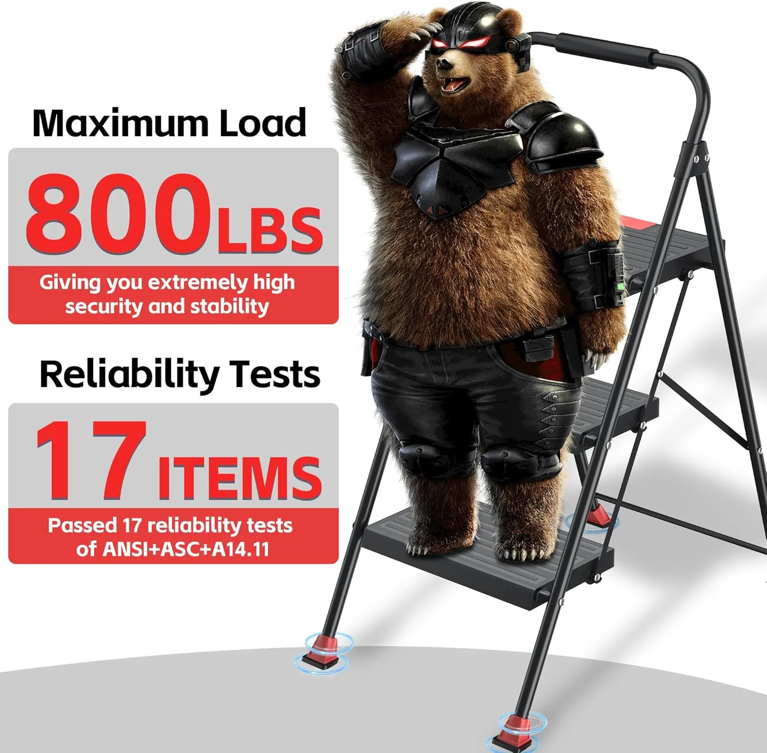 Step Ladder Foldable Folding Stool - for Home Adults Kitchen 3 Stepping Extension Tall Heavy Duty with Handrails - Closet Stepstool Stair Ladders Extendable Stepladder for Indoor House 800Lbs