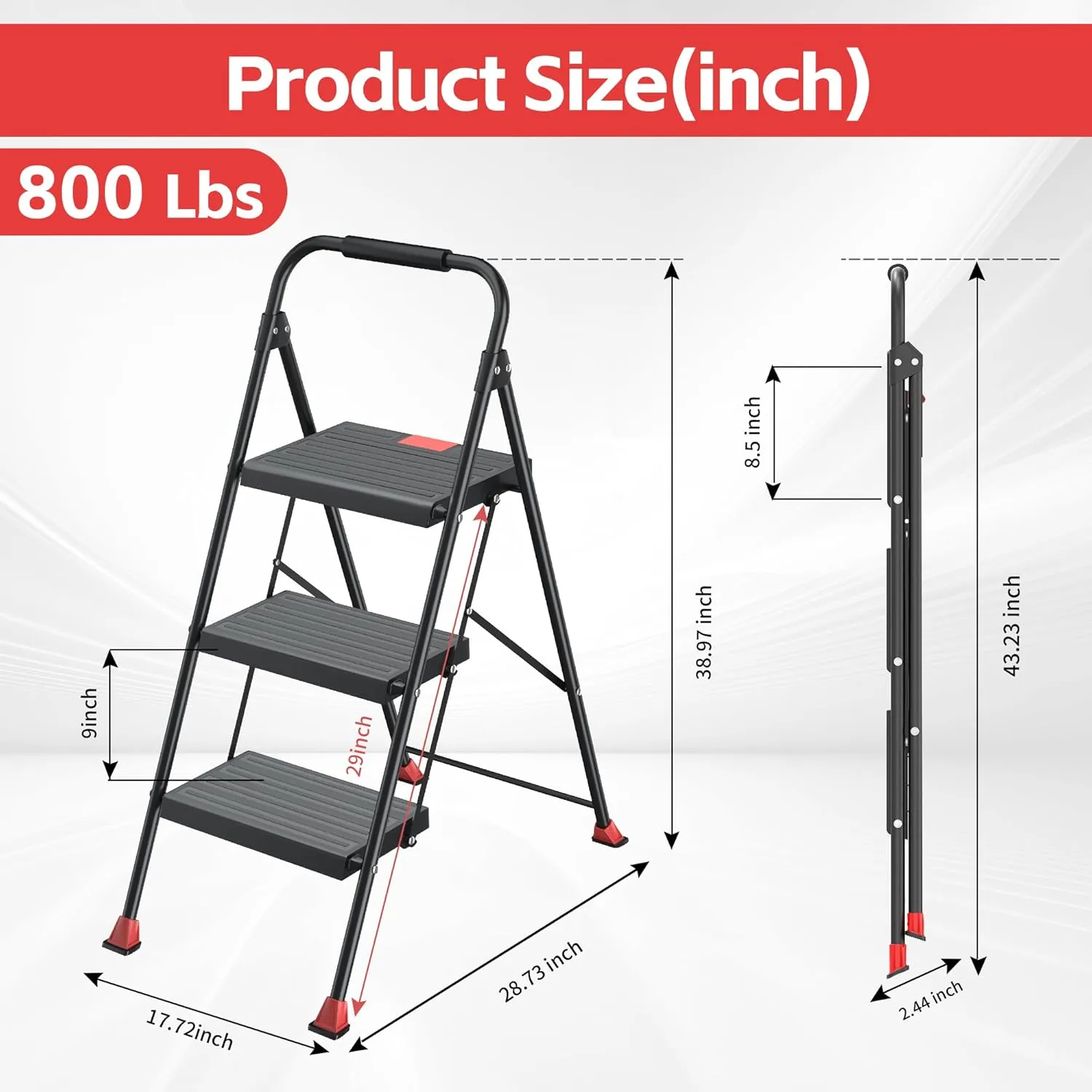 Step Ladder Foldable Folding Stool - for Home Adults Kitchen 3 Stepping Extension Tall Heavy Duty with Handrails - Closet Stepstool Stair Ladders Extendable Stepladder for Indoor House 800Lbs