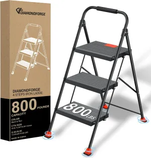 Step Ladder Foldable Folding Stool - for Home Adults Kitchen 3 Stepping Extension Tall Heavy Duty with Handrails - Closet Stepstool Stair Ladders Extendable Stepladder for Indoor House 800Lbs