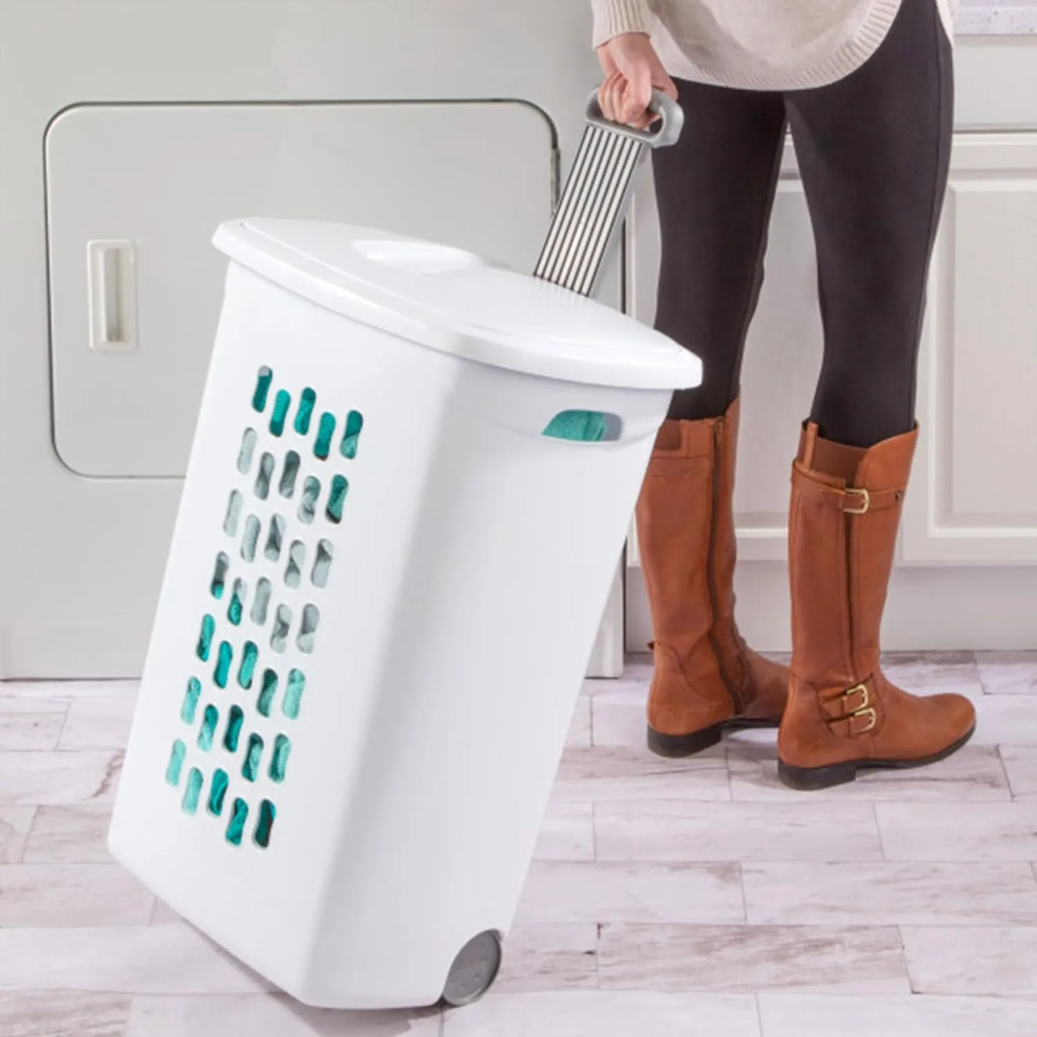 Sterilite 3-Pack Laundry Hamper with Lid and Wheels, Rolling Clothes Basket, Ultra, White