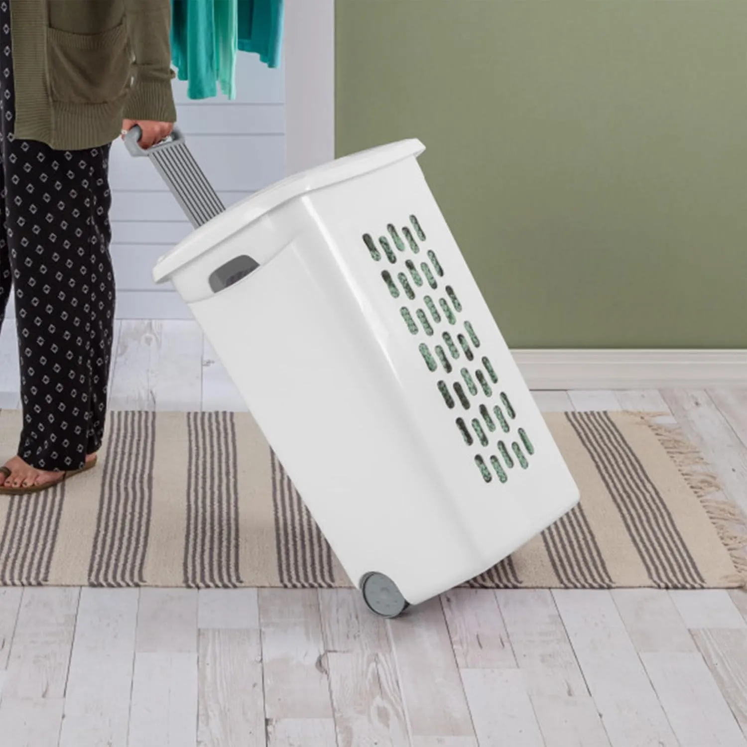 Sterilite 3-Pack Laundry Hamper with Lid and Wheels, Rolling Clothes Basket, Ultra, White
