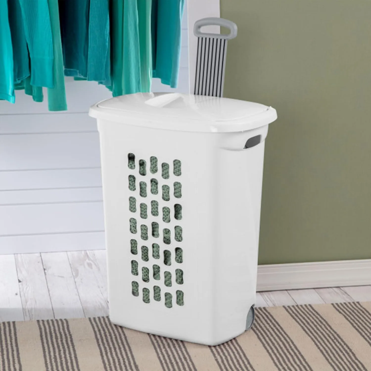 Sterilite 3-Pack Laundry Hamper with Lid and Wheels, Rolling Clothes Basket, Ultra, White