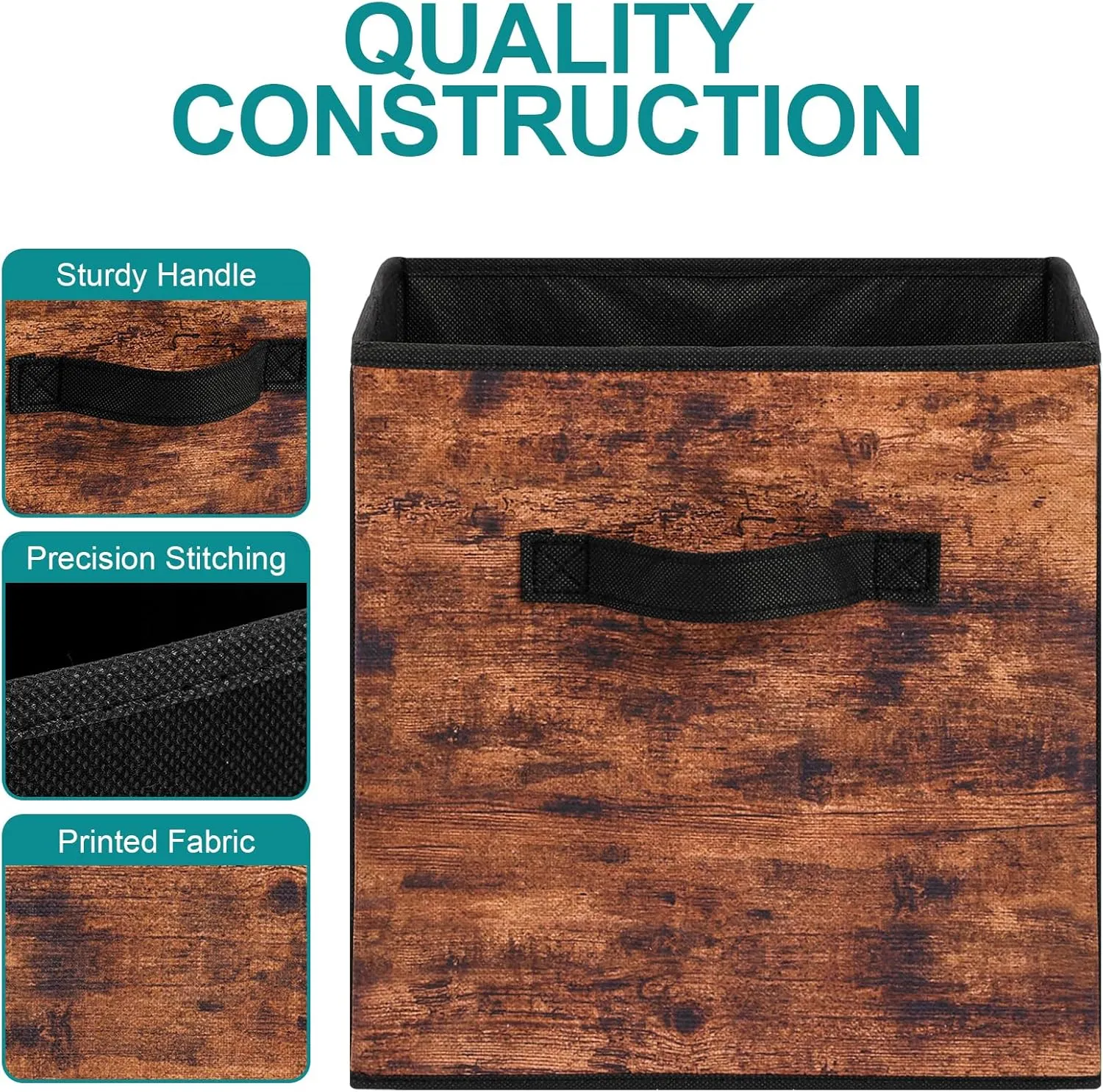 Stero Fabric Storage Cubes, 6 Pack Foldable Storage Bins with Handle, 11 Inch Storage Baskets Box for Shelves, Closet, Organizer, Rustic Brown and Black