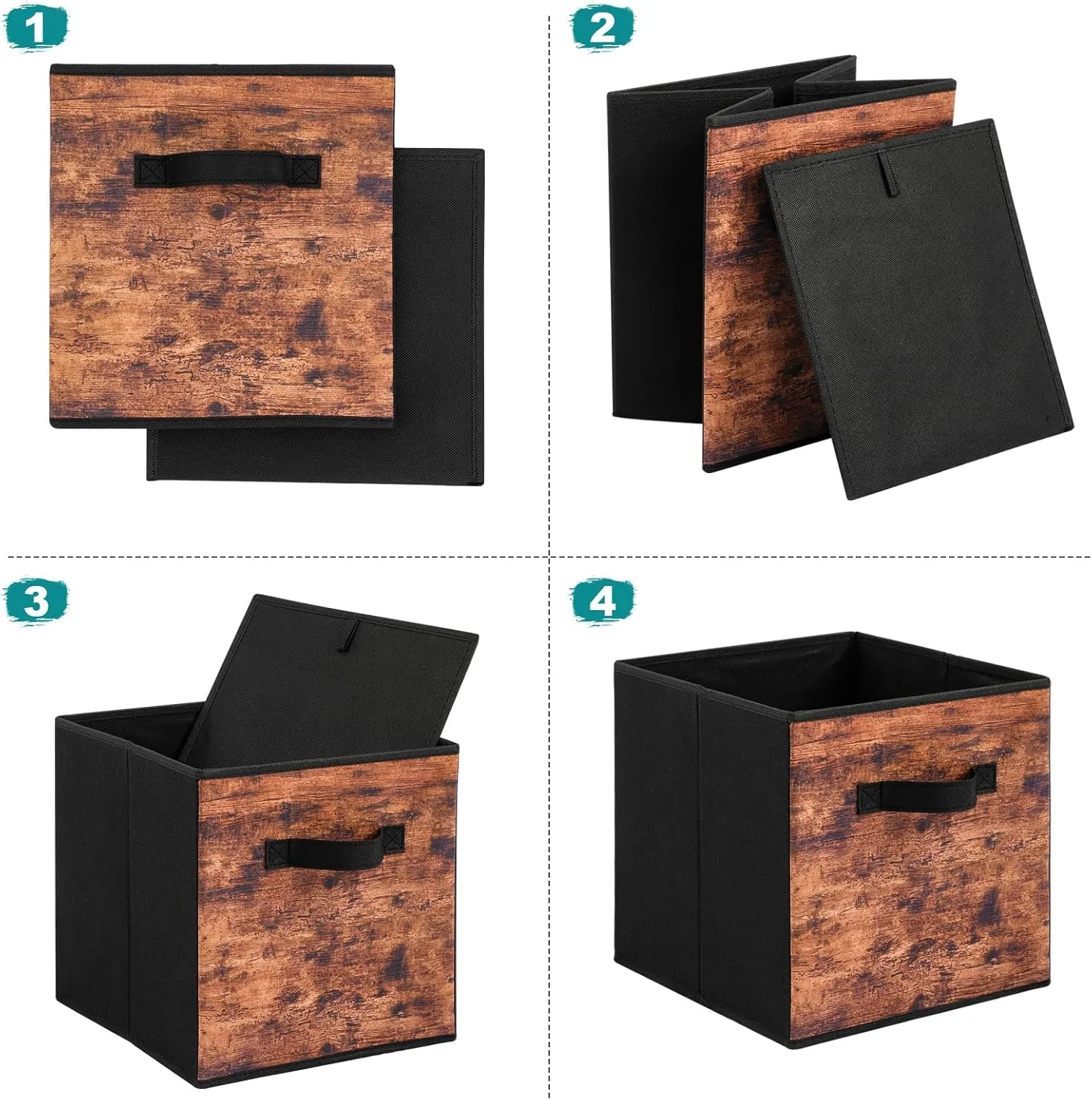Stero Fabric Storage Cubes, 6 Pack Foldable Storage Bins with Handle, 11 Inch Storage Baskets Box for Shelves, Closet, Organizer, Rustic Brown and Black