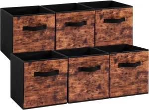 Stero Fabric Storage Cubes, 6 Pack Foldable Storage Bins with Handle, 11 Inch Storage Baskets Box for Shelves, Closet, Organizer, Rustic Brown and Black