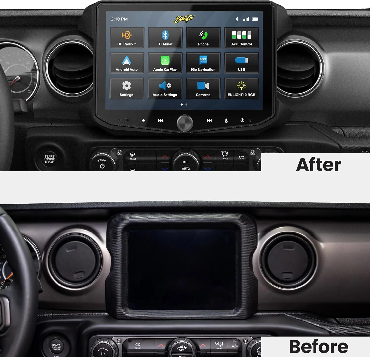 Stinger HEIGH10 10.1" Wrangler JL (2018-23)/Gladiator JT (2020-23) Flush Stereo Radio Complete Kit HD Touchscreen, Certified Wireless CarPlay & Android Auto, Off-Road Gauges, HDMI, Bluetooth