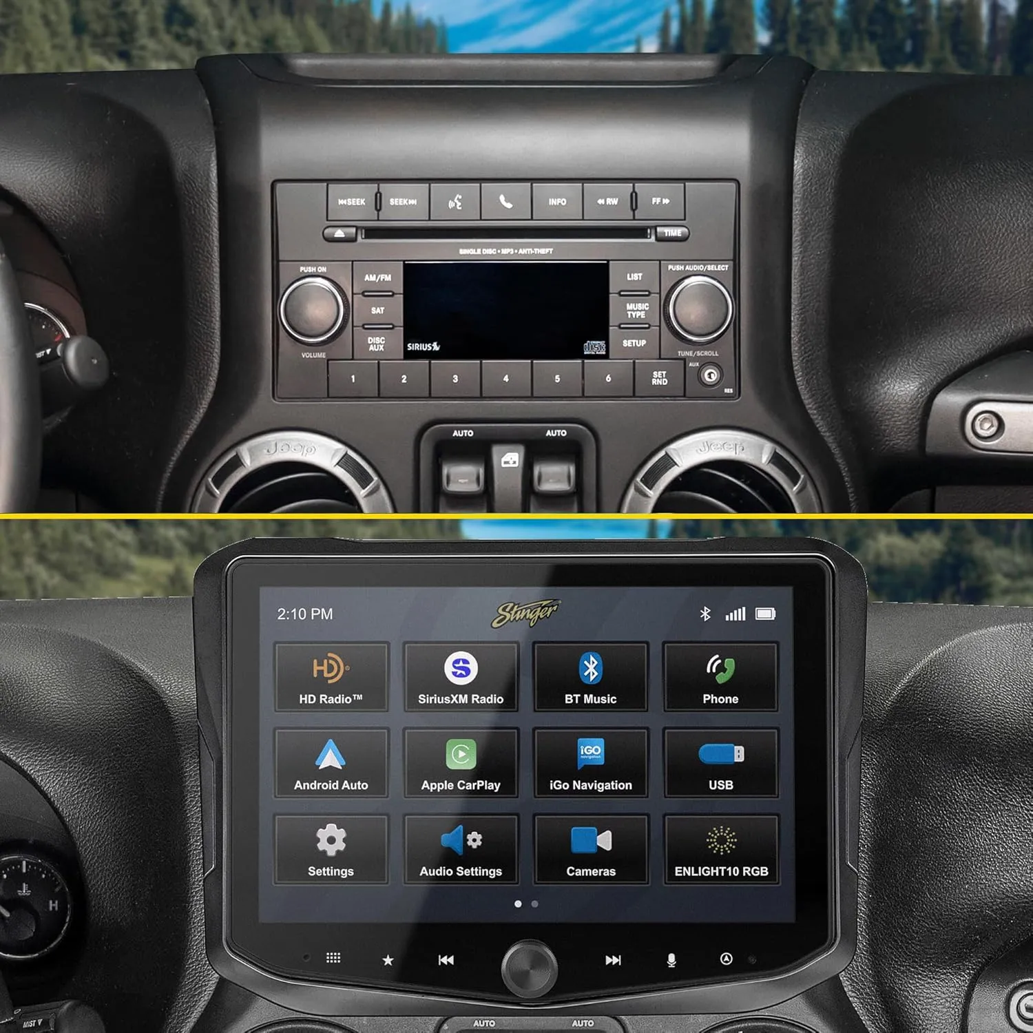Stinger Horizon 10.1" Jeep Wrangler JK (2011-18) Flush Stereo Radio Complete Kit, HD IP65 Touchscreen, Certified Wireless CarPlay & Android Auto, Off-Road Gauges, HDMI, Bluetooth, Camera/USB inputs