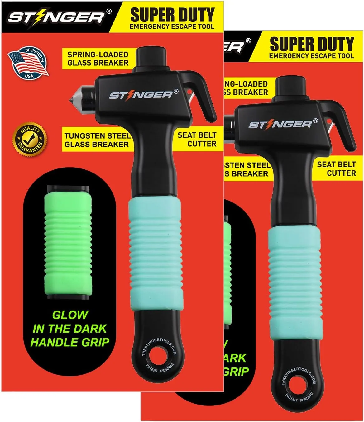 Stinger Super Duty Car Emergency Escape Tool, Hardened Carbon Steel Vehicle Safety Hammer, Spring Loaded Window Breaker, Razor Sharp Seat Belt Cutter, Life-Saving Rescue Tool (2 pcs Fluorescent Green)