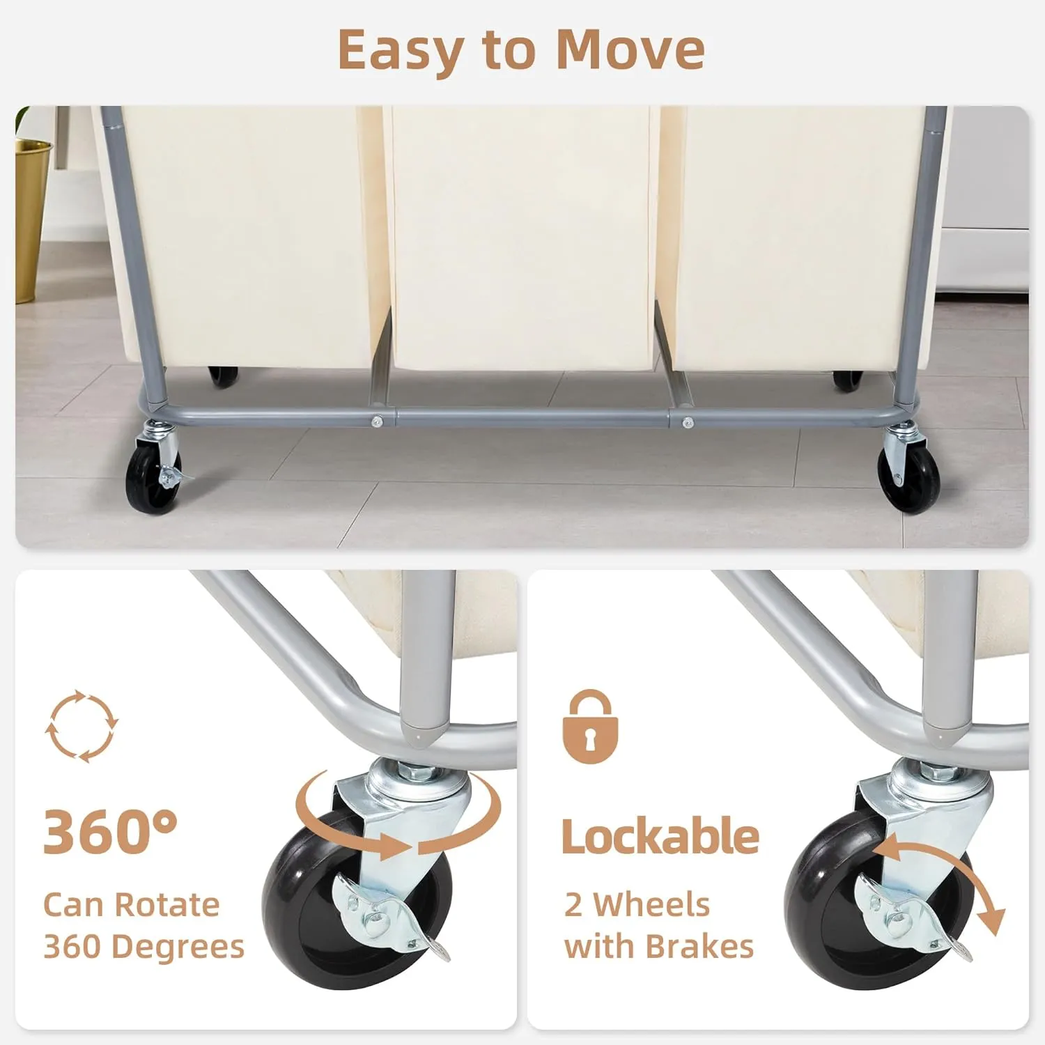 STORAGE MANIAC Commercial Laundry Hamper with Heavy Duty Steel Frame, 230 L Industrial Laundry Basket Cart with Wheels for Hotel, Home, Laundry Room, 37.8''L x 16.9''W x 31.5''H, 3 Section Beige