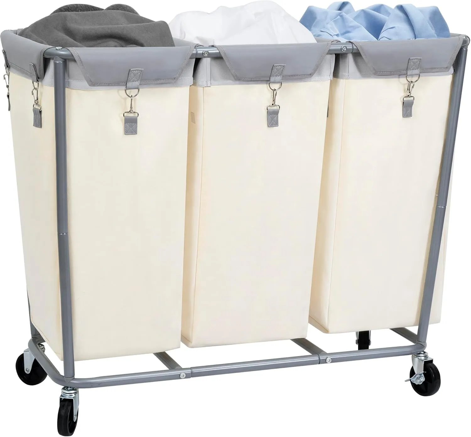STORAGE MANIAC Commercial Laundry Hamper with Heavy Duty Steel Frame, 230 L Industrial Laundry Basket Cart with Wheels for Hotel, Home, Laundry Room, 37.8''L x 16.9''W x 31.5''H, 3 Section Beige
