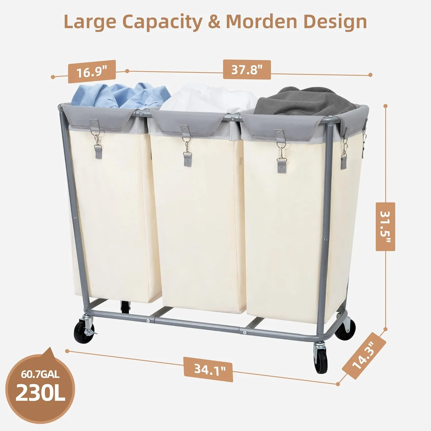 STORAGE MANIAC Commercial Laundry Hamper with Heavy Duty Steel Frame, 230 L Industrial Laundry Basket Cart with Wheels for Hotel, Home, Laundry Room, 37.8''L x 16.9''W x 31.5''H, 3 Section Beige