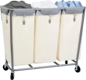 STORAGE MANIAC Commercial Laundry Hamper with Heavy Duty Steel Frame, 230 L Industrial Laundry Basket Cart with Wheels for Hotel, Home, Laundry Room, 37.8''L x 16.9''W x 31.5''H, 3 Section Beige