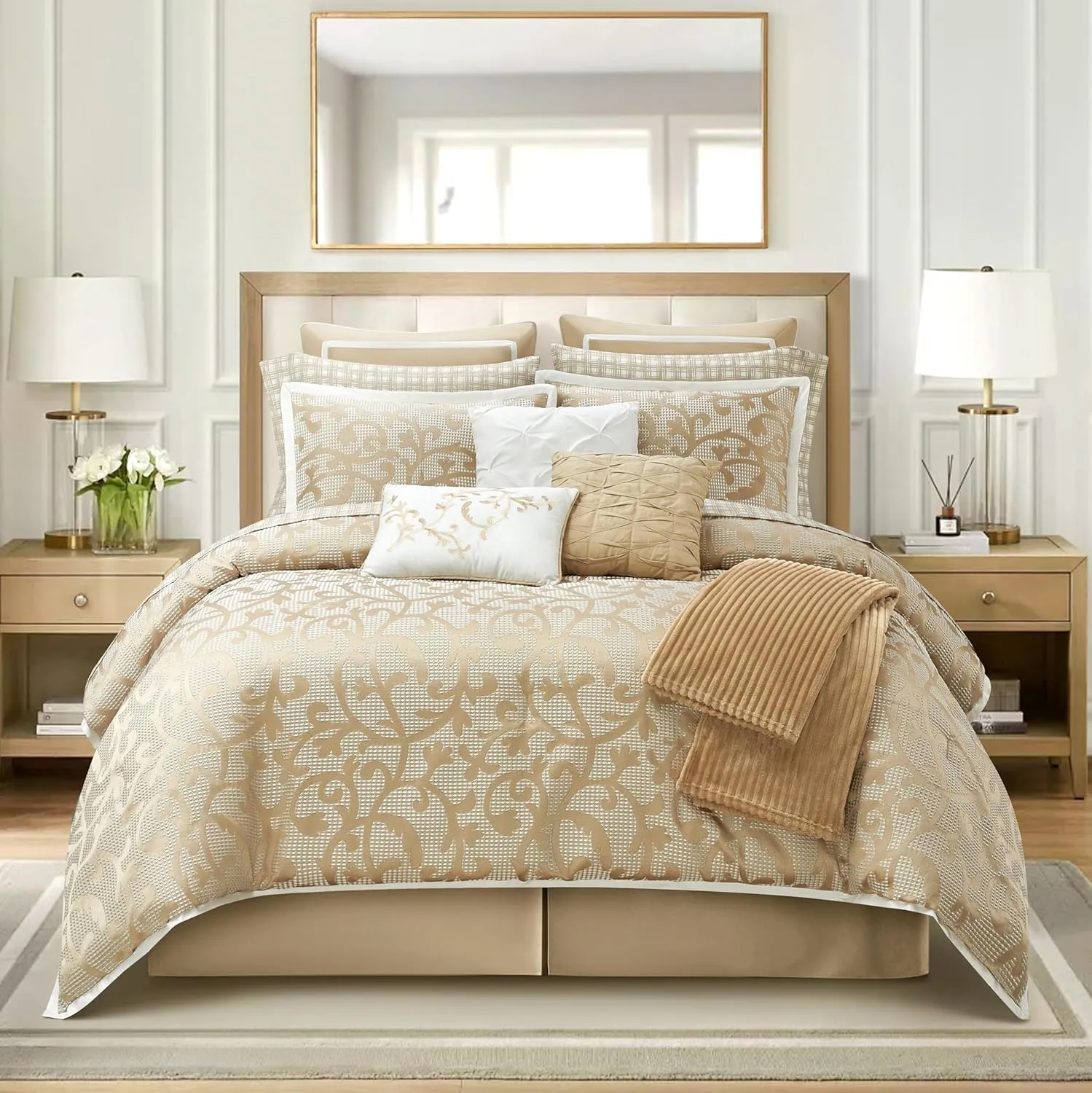 Stratford Park Taupe Paisley King Size Comforter Sets, 14 Piece, Jacquard Bedding Sets & Collections,1 Flat Sheet,1 Fitted Sheet, Pillow Shams Bedskirt