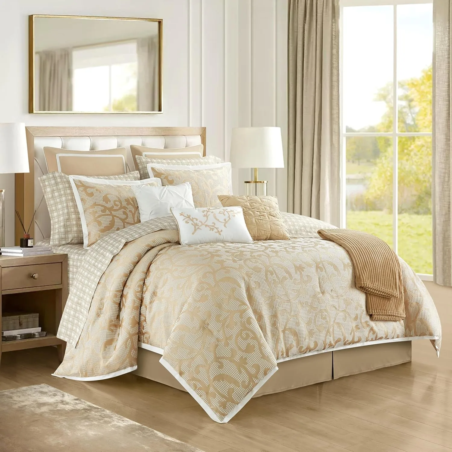Stratford Park Taupe Paisley King Size Comforter Sets, 14 Piece, Jacquard Bedding Sets & Collections,1 Flat Sheet,1 Fitted Sheet, Pillow Shams Bedskirt